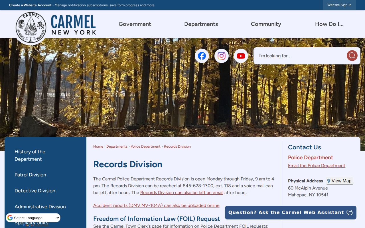 Putnam County Carmel Police Records Division FOIL request source