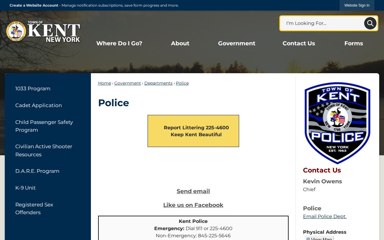 Town of Kent Police Department, Putnam County booking-record contact source