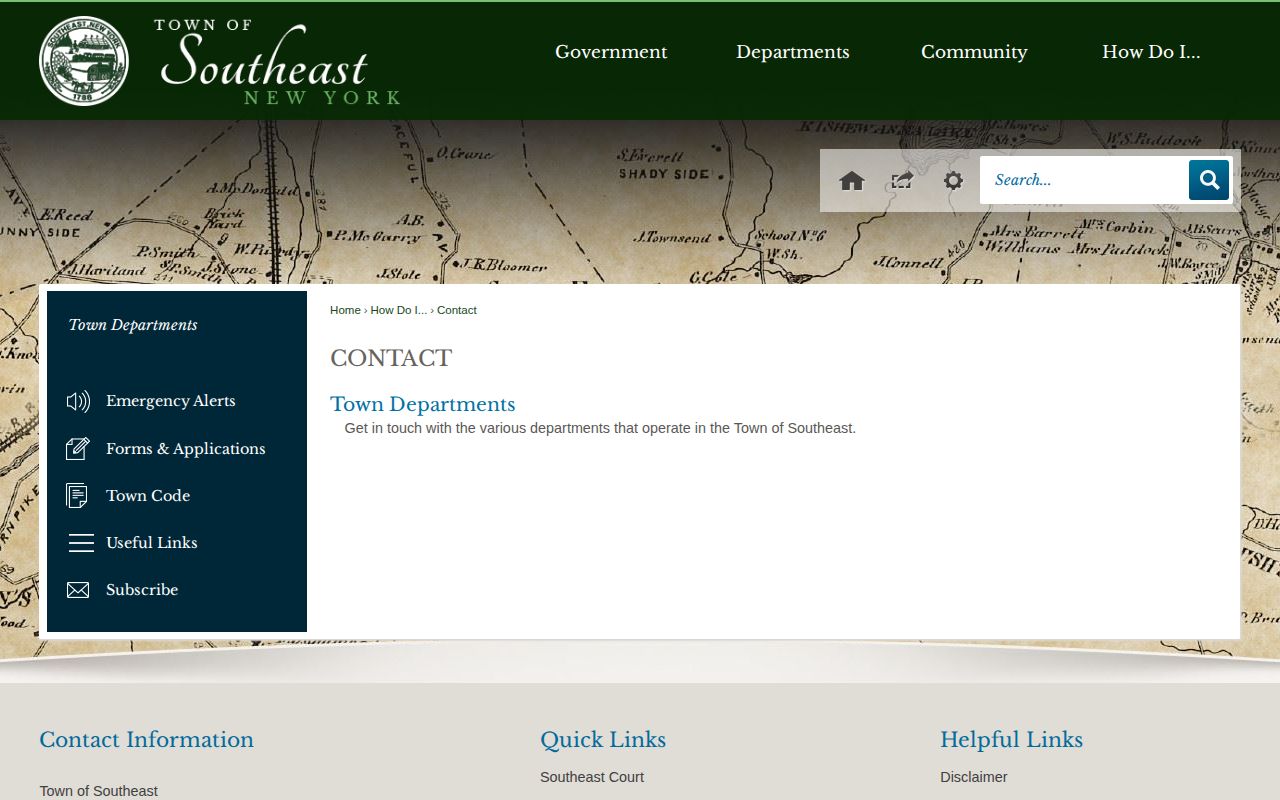 Town of Southeast municipal contact page used to distinguish town contact routing from arrest-record access